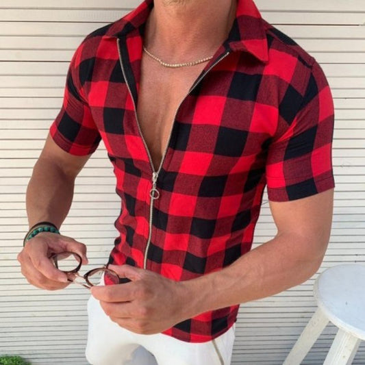 Men's Short-Sleeve Checkered Shirt with Zipper