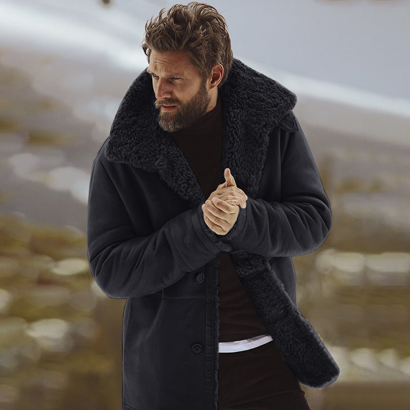 Black men’s shearling-lined winter coat with lapel collar