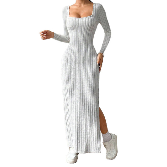 Gray slim fit backless dress with thigh slit – studio shot