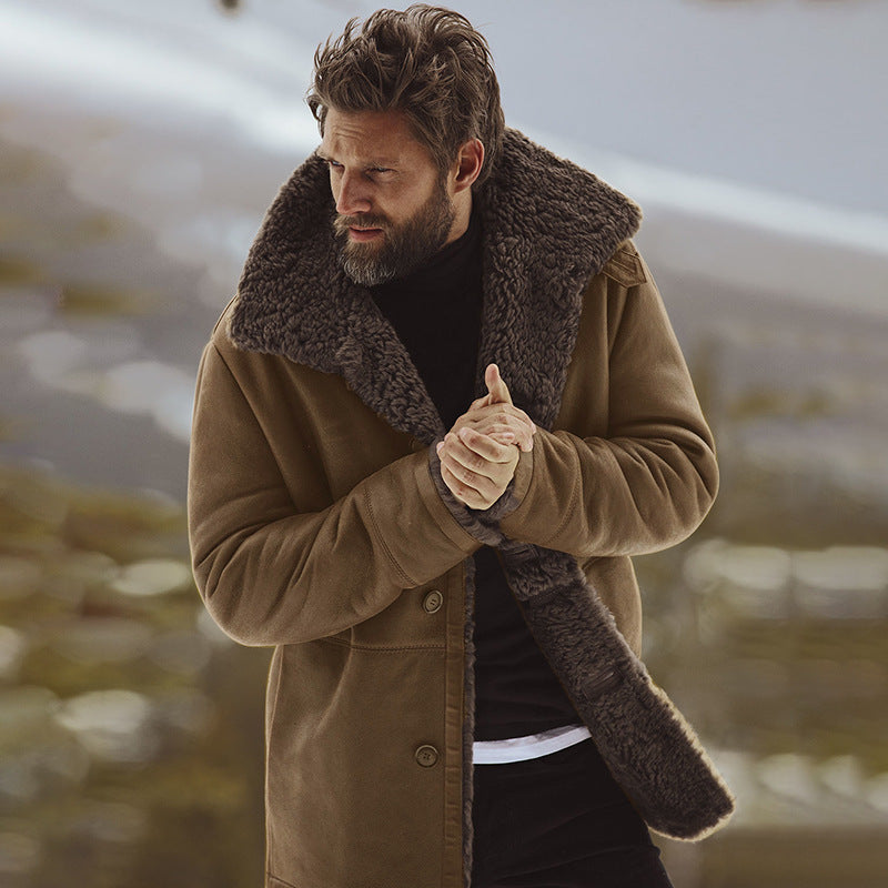 Brown faux shearling coat, European style men’s fashion