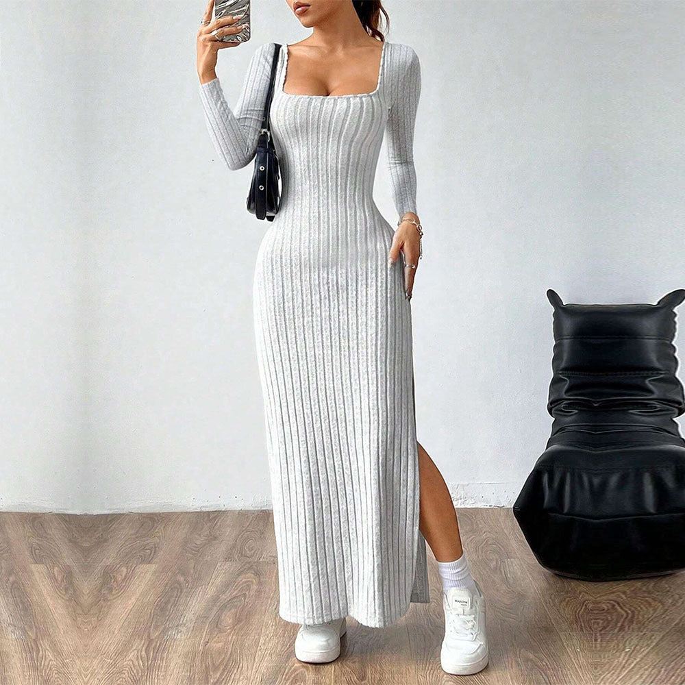 Gray square neck backless dress with thigh-high slit – front view