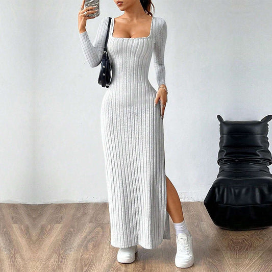 Gray square neck backless dress with thigh-high slit – front view