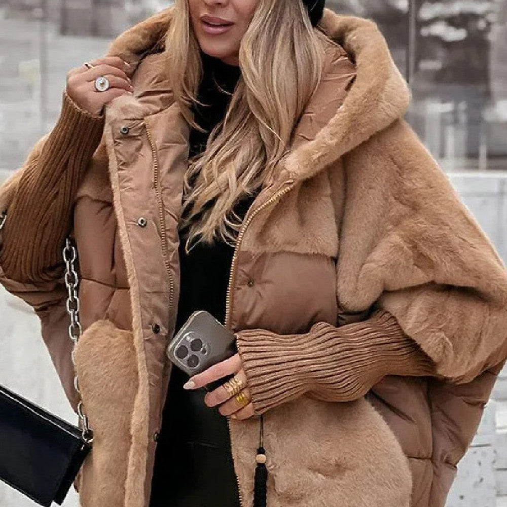 Stylish khaki hooded coat with faux fur details, oversized fit