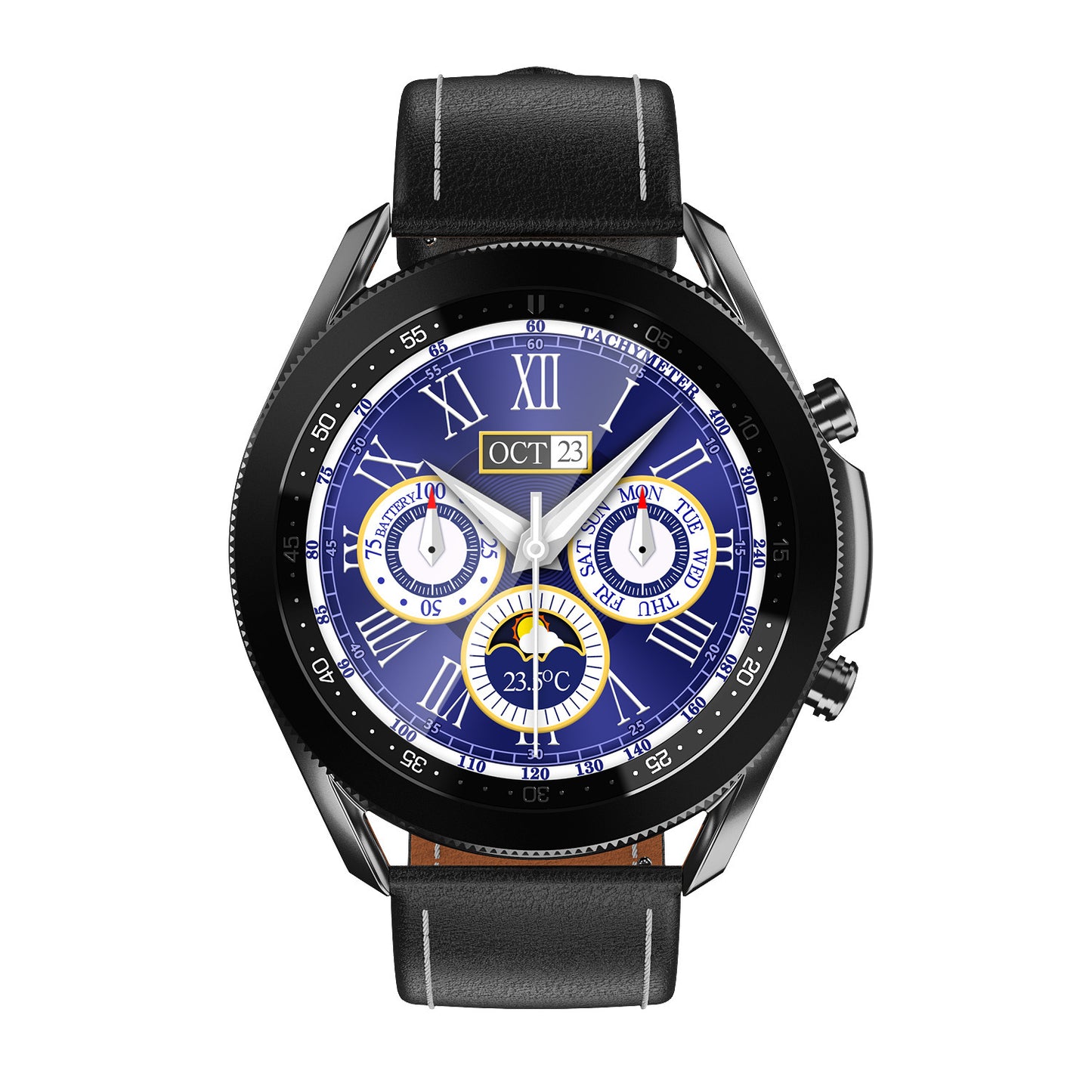 Black smartwatch with black leather strap and detailed blue dial – classic and bold look.