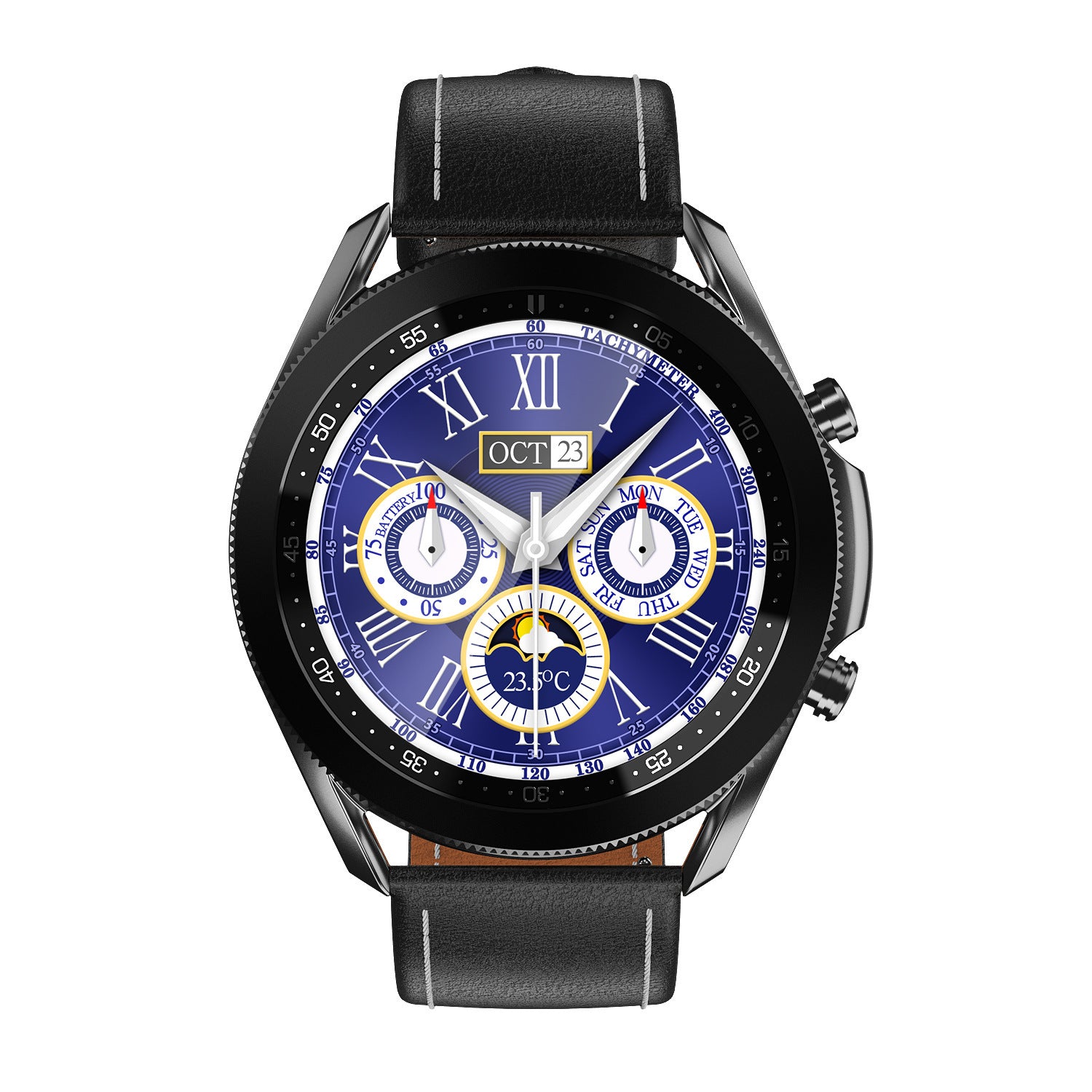 Black smartwatch with black leather strap and detailed blue dial – classic and bold look.