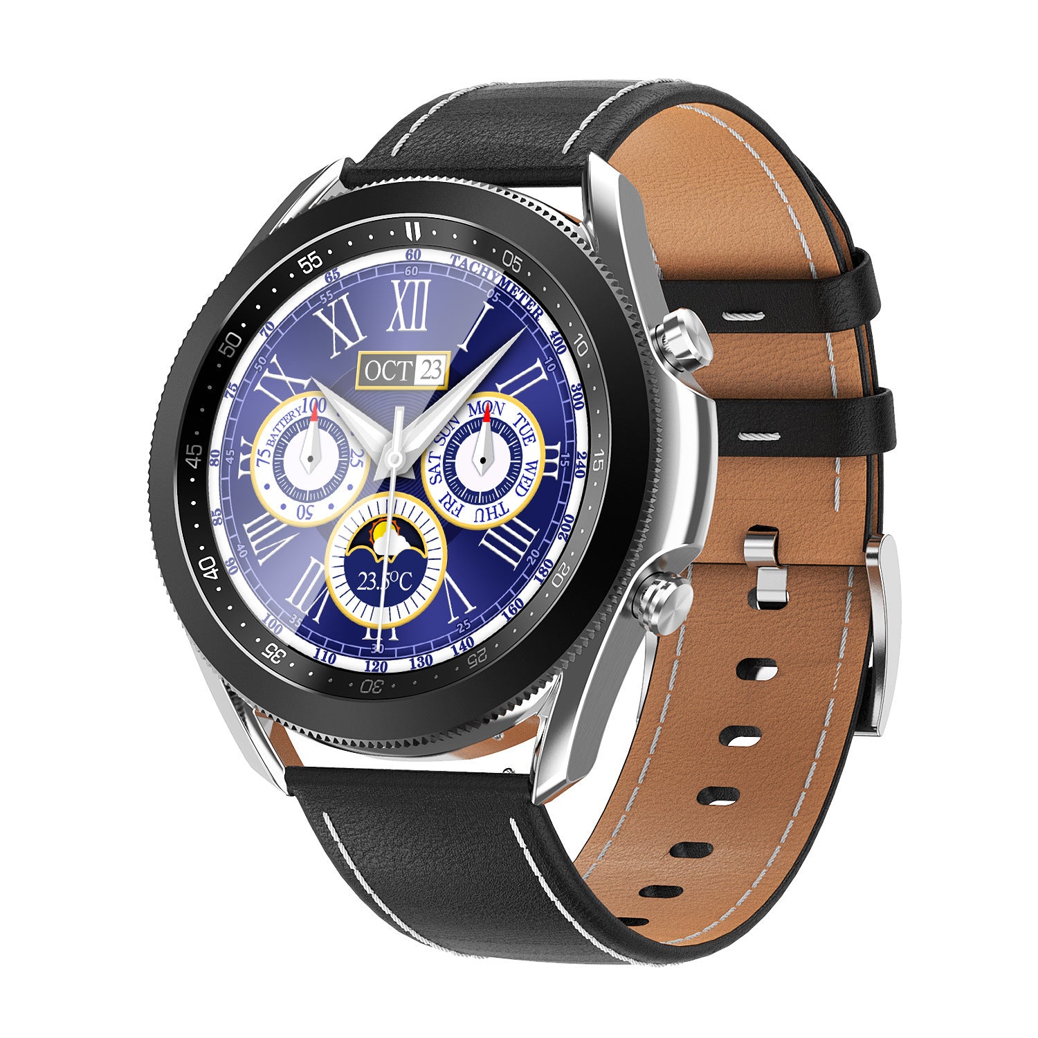 Left side-on photo Black smartwatch with black leather strap and detailed blue dial – classic and bold look.