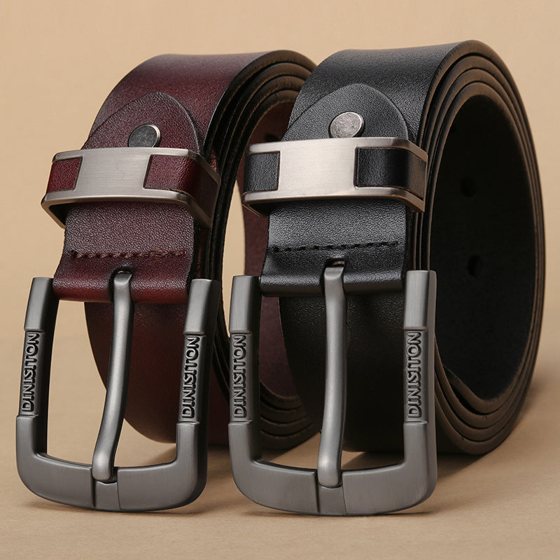 High-quality double-layer leather belt with classic pin buckle, available in black and coffee color