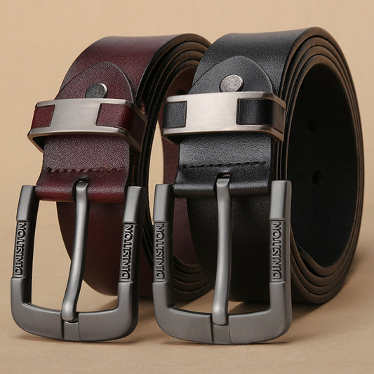 High-quality double-layer leather belt with classic pin buckle, available in black and coffee color