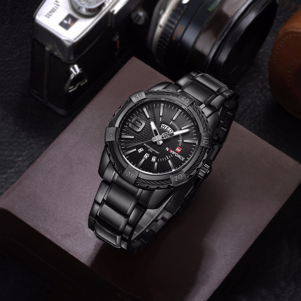 Black/black NAVIFORCE men's watch showcasing bold design and durable materials.