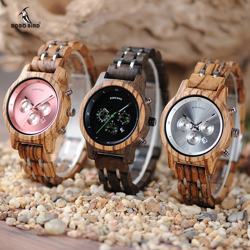 BOBO BIRD P18 wristwatch is handcrafted from zebrawood or ebony, with pink black or silver colored face