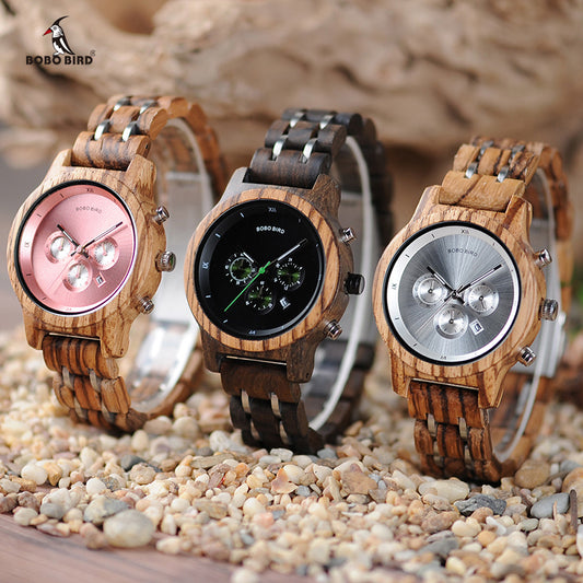 BOBO BIRD P18 wristwatch is handcrafted from zebrawood or ebony, with pink black or silver colored face