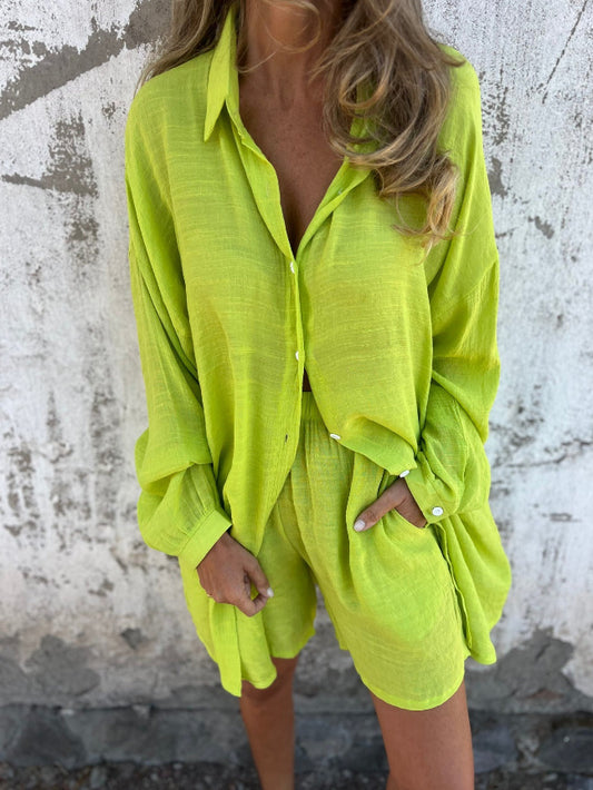 Yellow relaxed oversized button-up shirt and comfy shorts