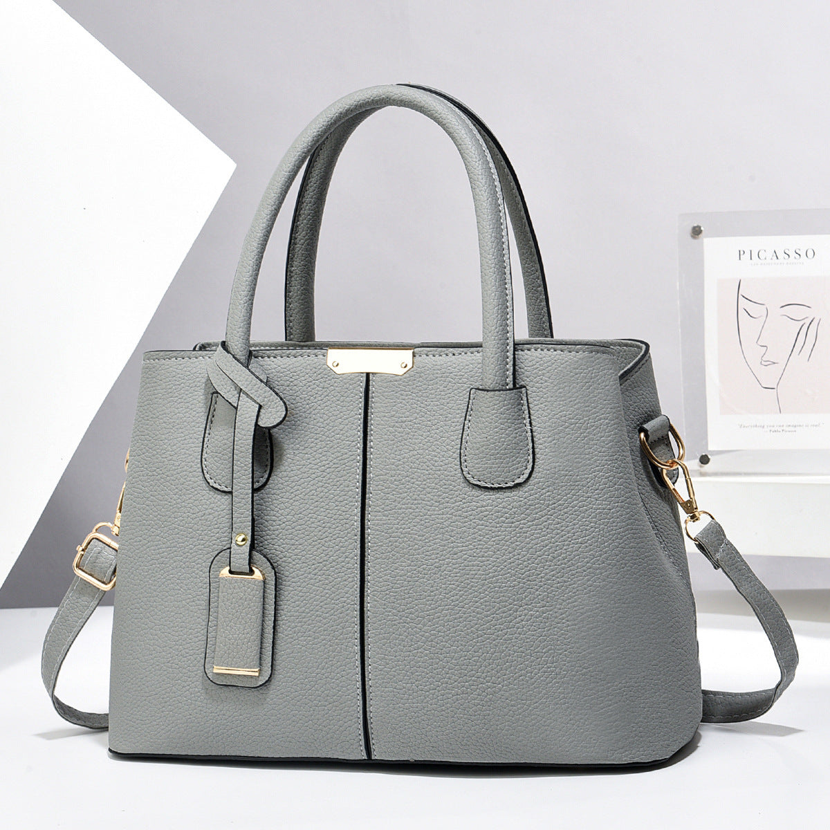 Women's gray PU leather tote bag – stylish large capacity shoulder and crossbody bag