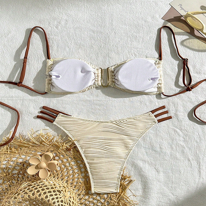 Textured Bandeau Bikini Set with Metal Detail