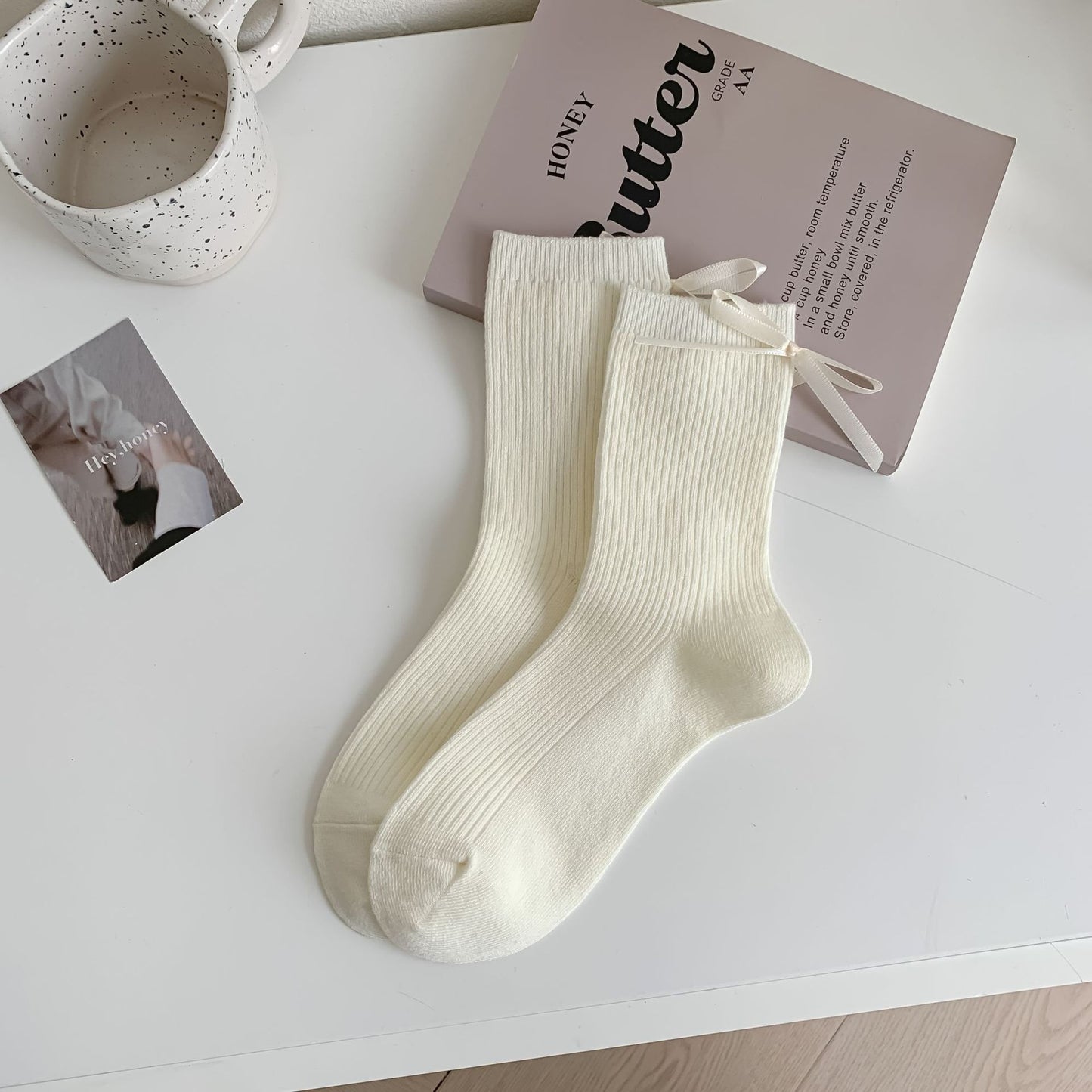 Ribbed Cotton Socks with Bow Detail