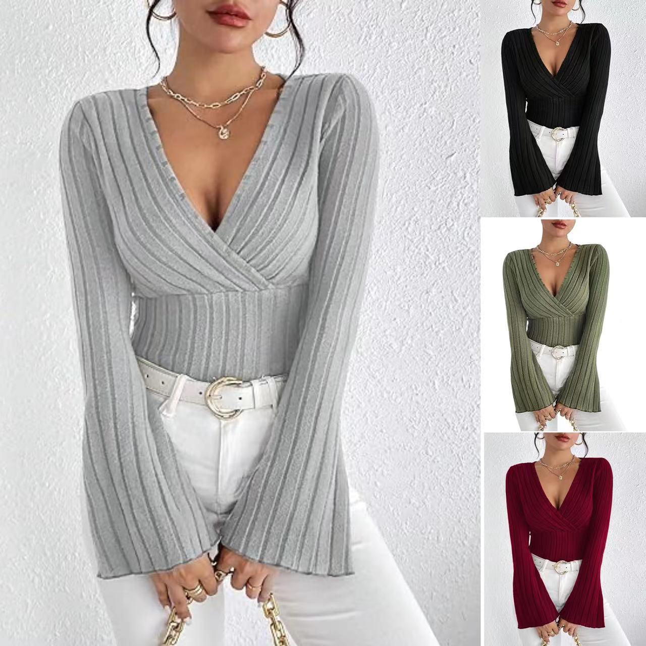 Ribbed V-neck bell sleeve top on model, multiple colors
