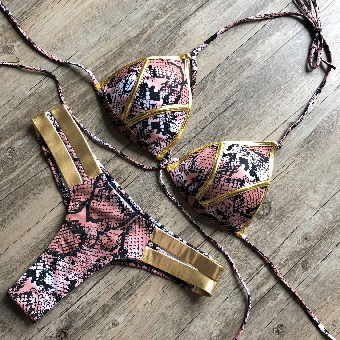Snake print bikini set with bold shimmering straps