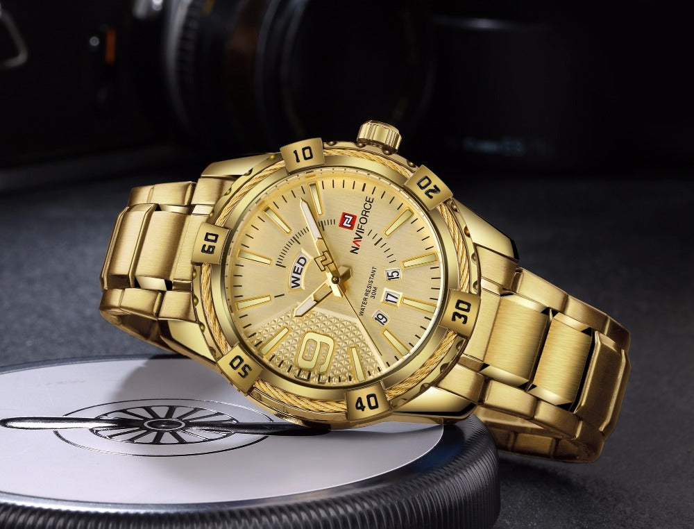 Gold color NAVIFORCE men's watch showcasing bold design and durable materials.