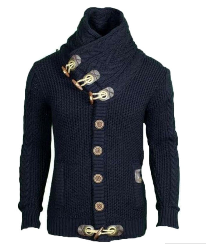 Blue knitted toggle cardigan – Men’s warm acrylic-blend cardigan with high collar and wooden toggles.