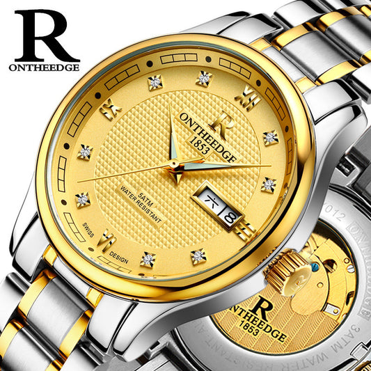 R On the Edge automatic bicolored men's watch with date display and golden face