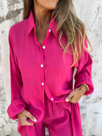 Pink relaxed oversized button-up shirt and comfy shorts