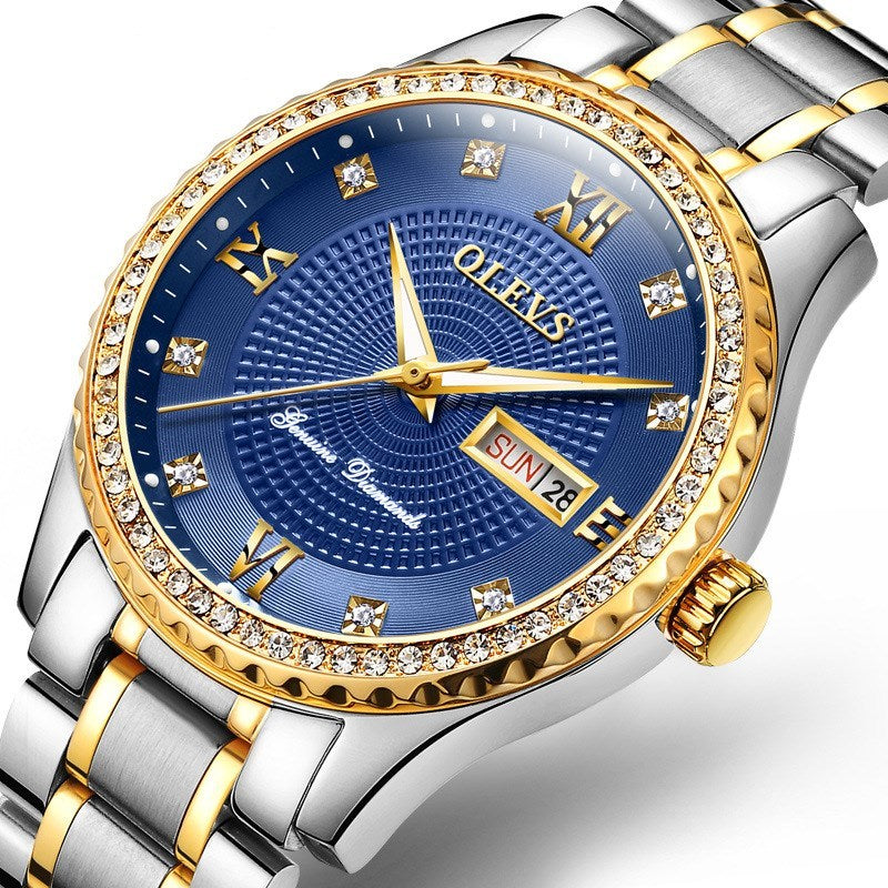 Olevs stylish Luxury Watch with Genuine Diamond Details steel bicolor belt blue table