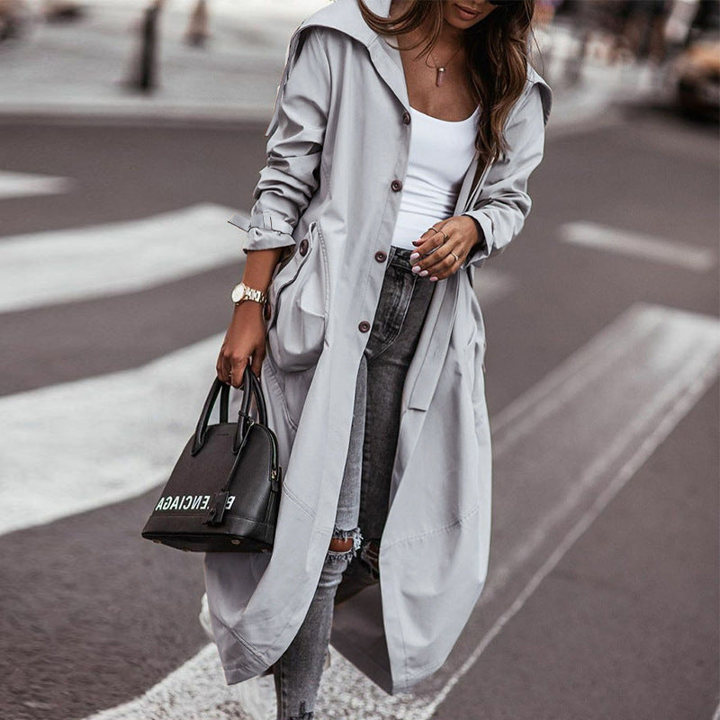 Street style outfit with light gray long lapel  trench coat  