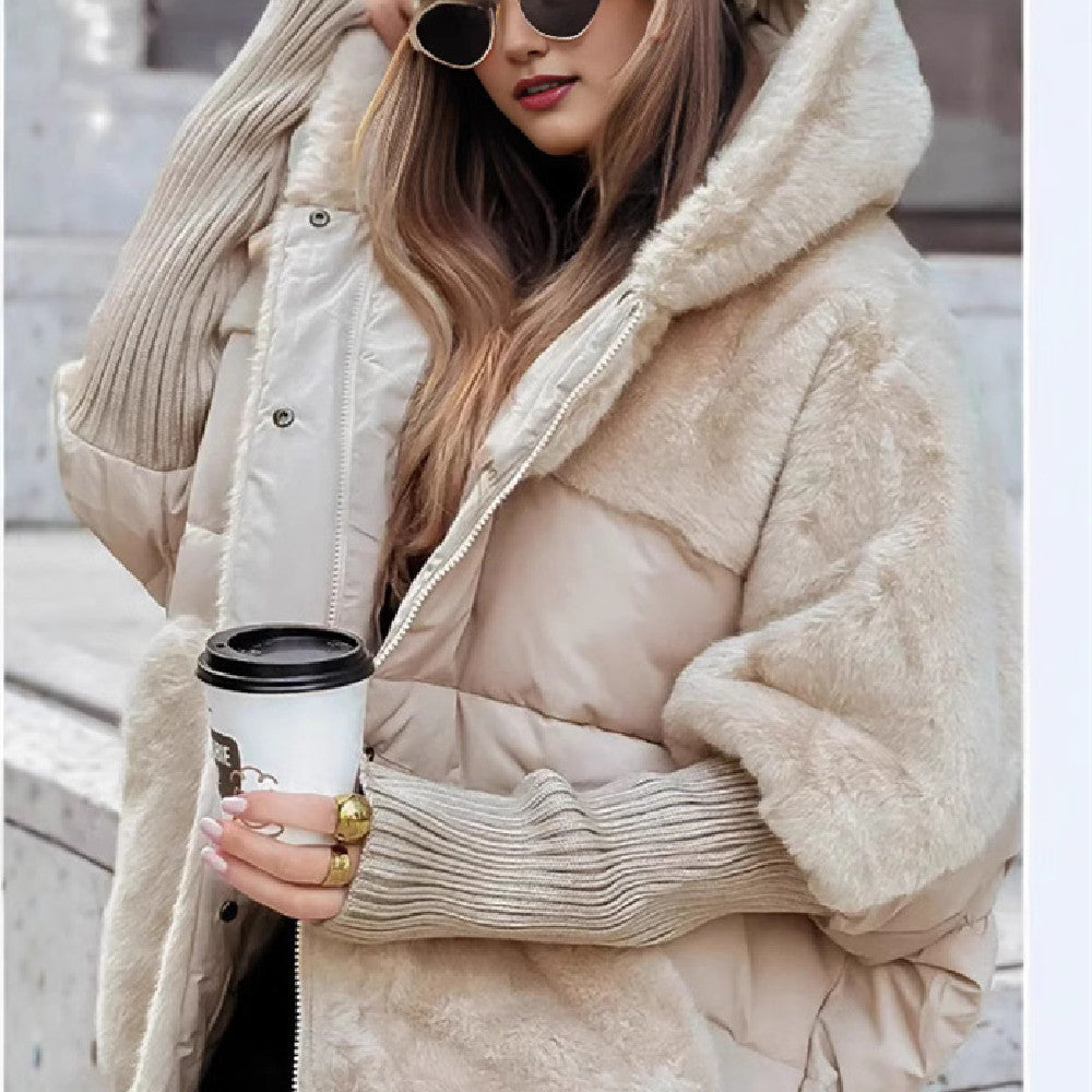 Apricot loose cotton winter coat with faux fur, casual chic look