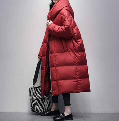 Red long oversized puffer coat with hood, cozy look