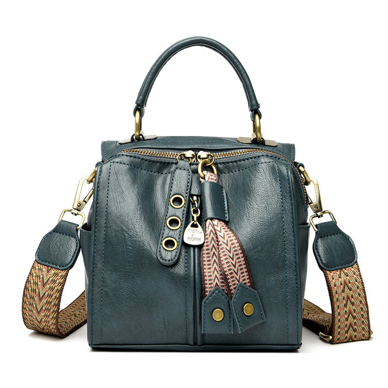 Blue multi-compartment shoulder bag with zipper accents