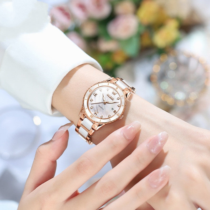 Rose gold ceramic watch on wrist – delicate and luxurious style in everyday wear