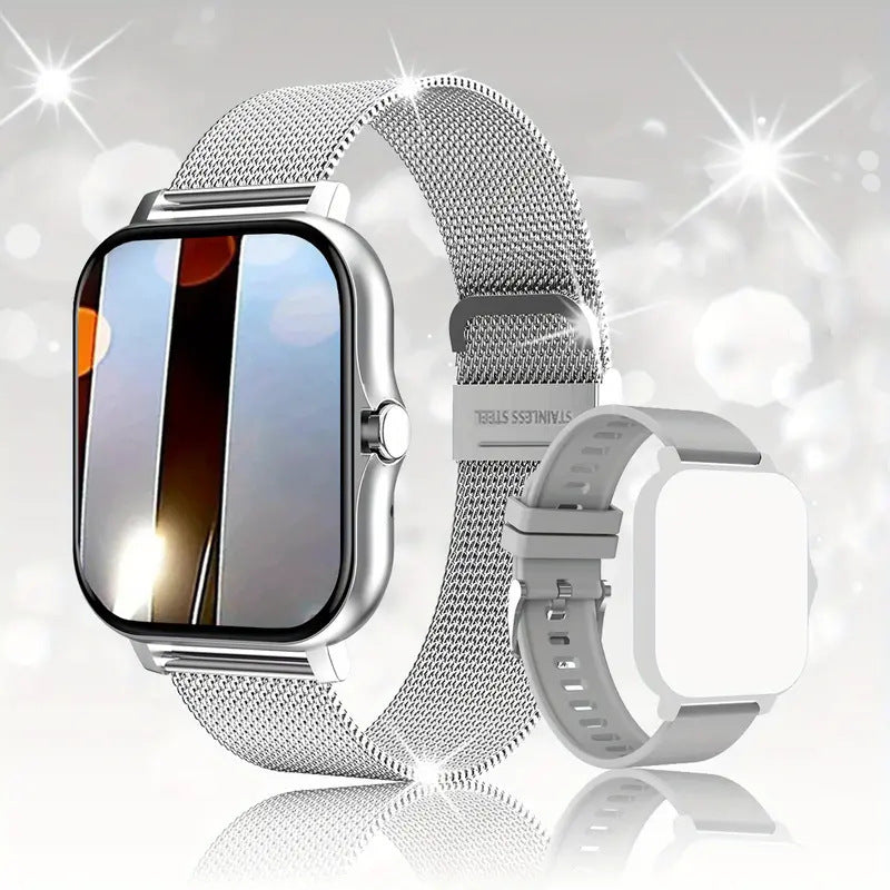 Silver mesh band smartwatch Y13 with mirrored display – elegant and modern design