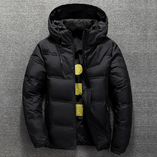 Black hooded puffer jacket with zipper, men’s winter coat