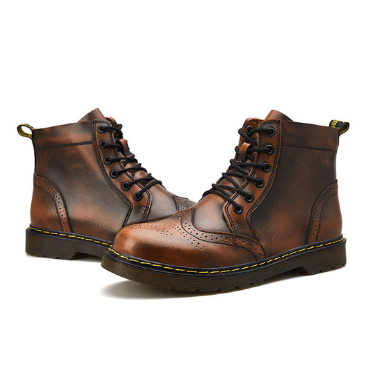 Brown leather Martin boots with vintage finish and stitching detail