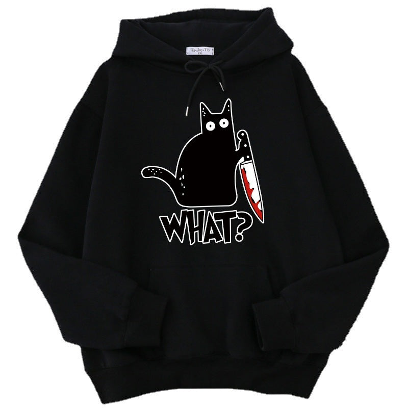 Black cat hoodie with knife print and “WHAT?” text, color: black