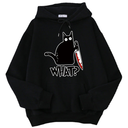 Black cat hoodie with knife print and “WHAT?” text, color: black