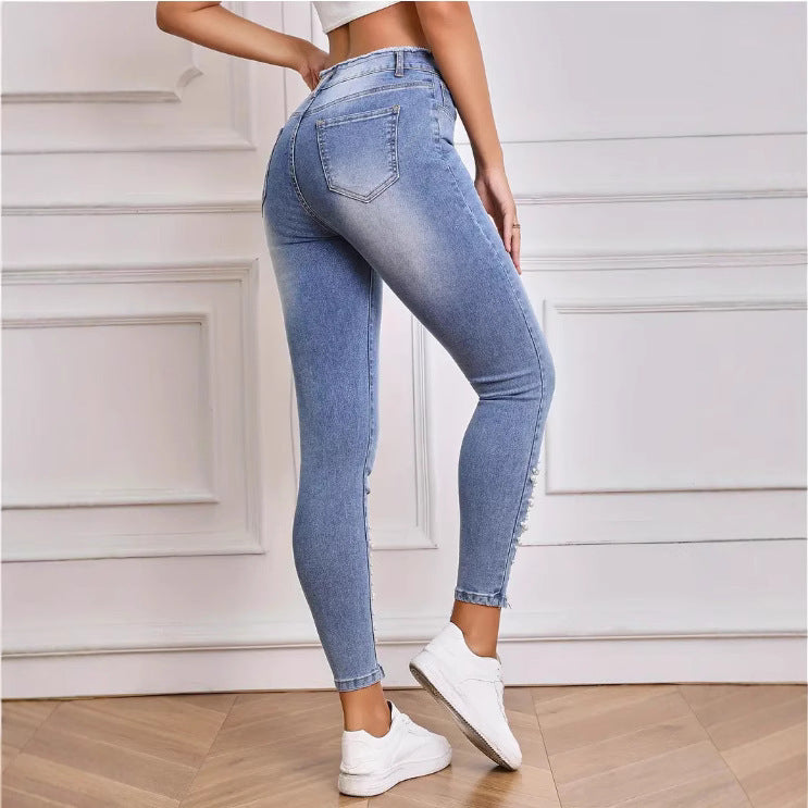 Trendy Pearl & Tassel Skinny Jeans – A Statement Piece for Street Fashion!
