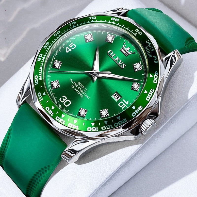 men's green dial OLEVS 9988 with green strap – luminous sport-style design