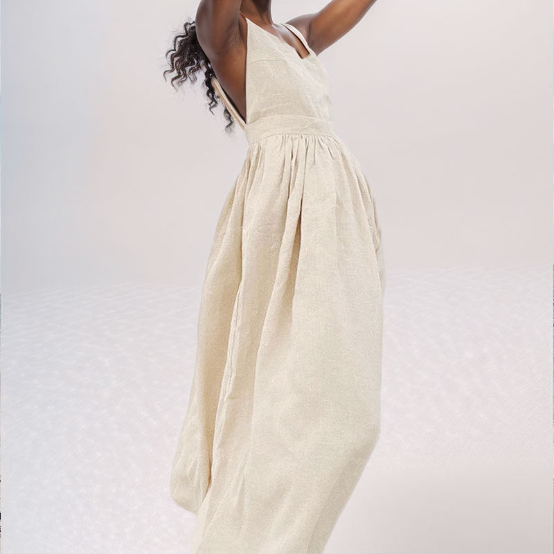 backless summer midi dress Linen Backless Midi Dress, Tiered Summer Dress