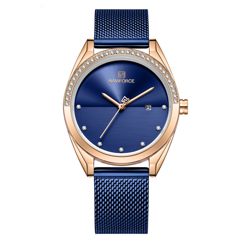 Naviforce compact sized women's blue and rose gold wrist watch with subtle zirkonia accents  and mesh steel bracelet