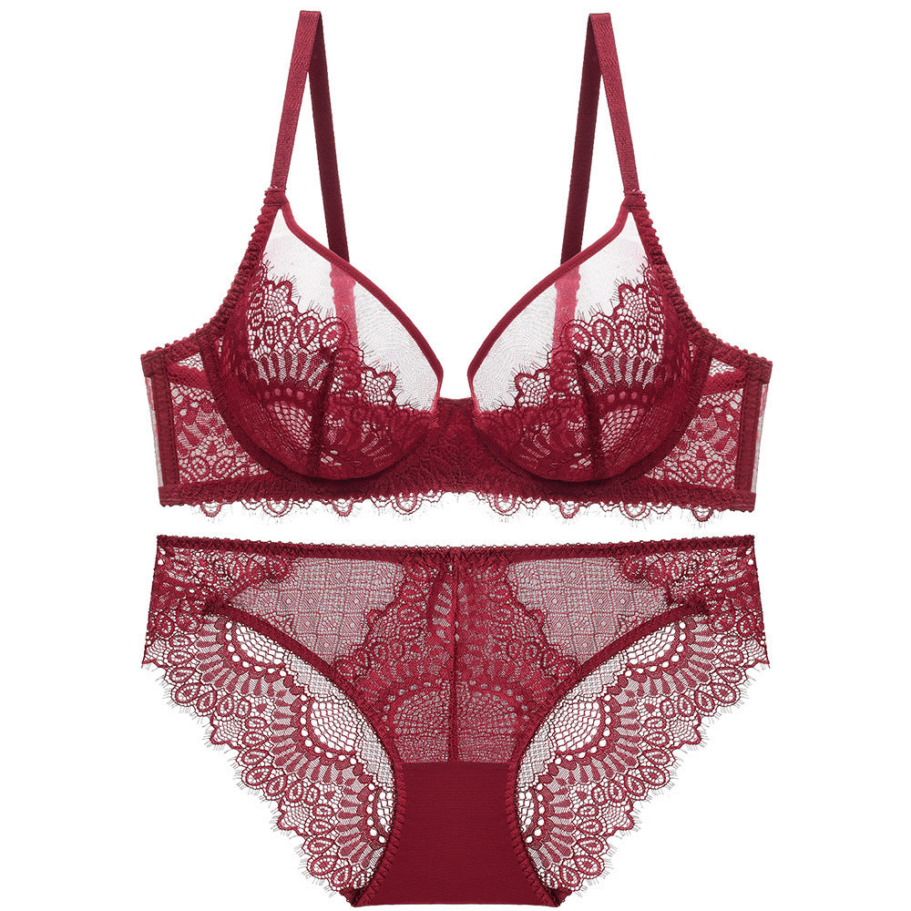 Red lace lingerie set with floral details, front view
