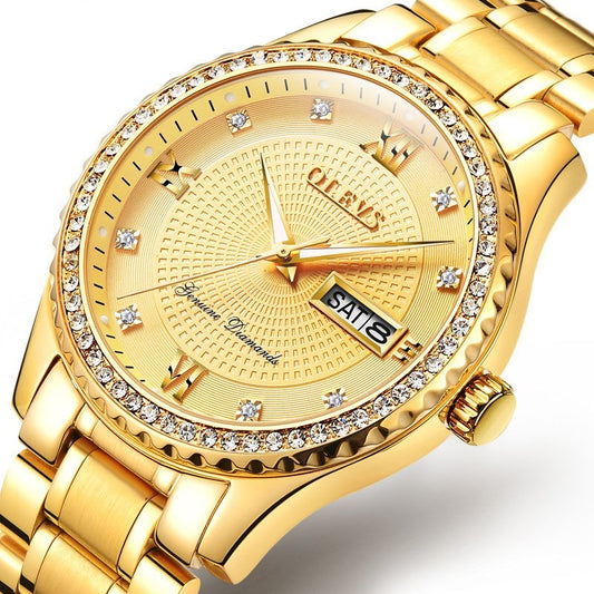 Olevs stylish Luxury Watch with Genuine Diamond Details steel belt full gold