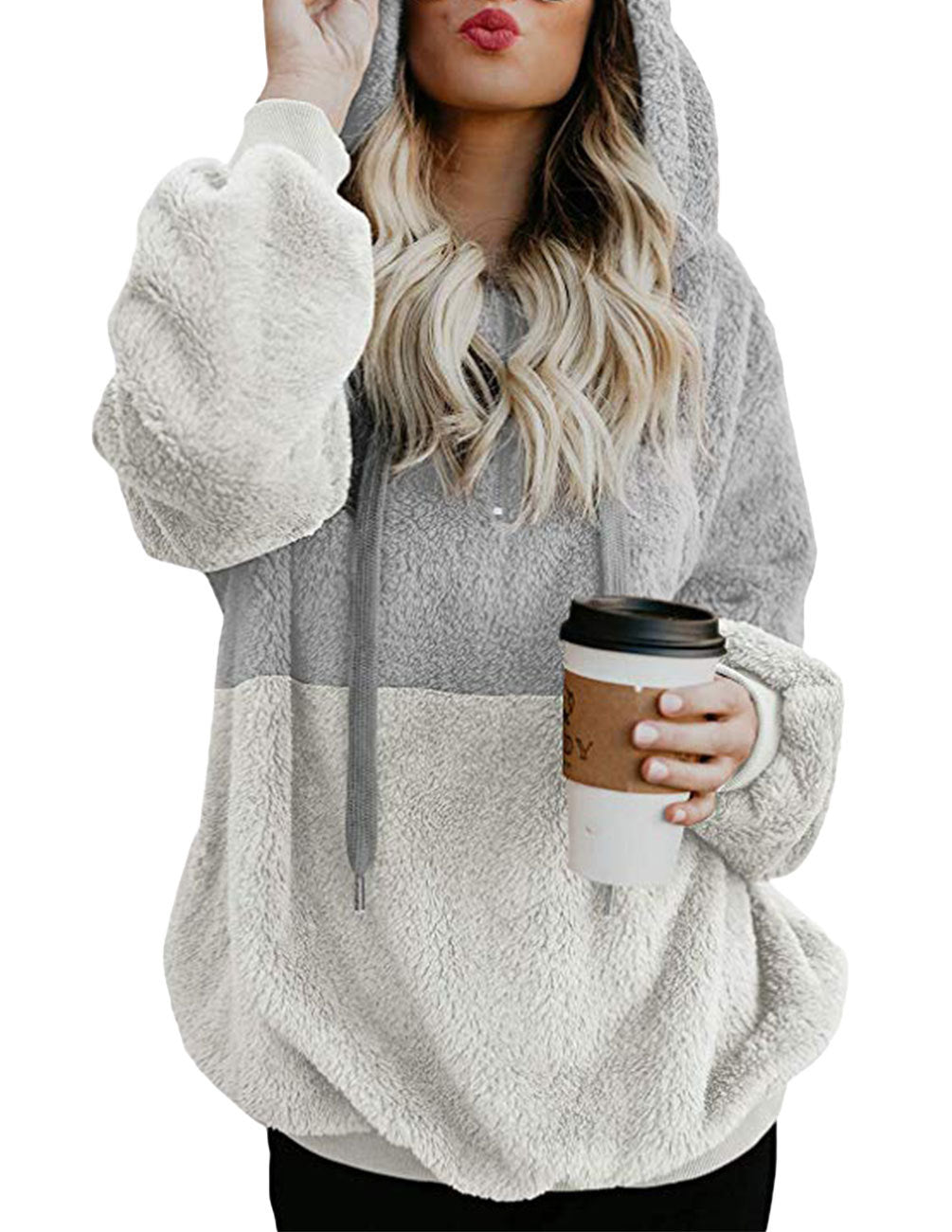 white and light gray plush hoodie – Women’s soft fleece color block hoodie with hood.