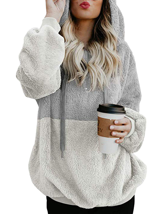 white and light gray plush hoodie – Women’s soft fleece color block hoodie with hood.