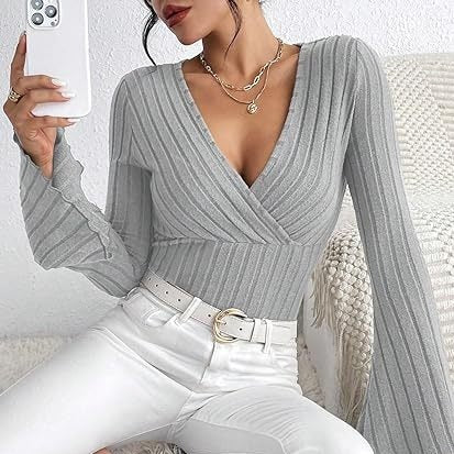 Gray ribbed V-neck bell sleeve top, slim fit