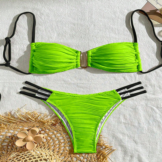 Textured Bandeau Bikini Set with Metal Detail