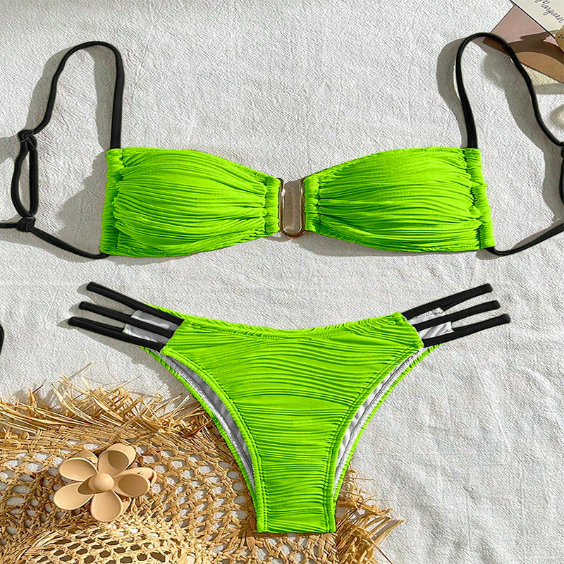 Textured Bandeau Bikini Set with Metal Detail