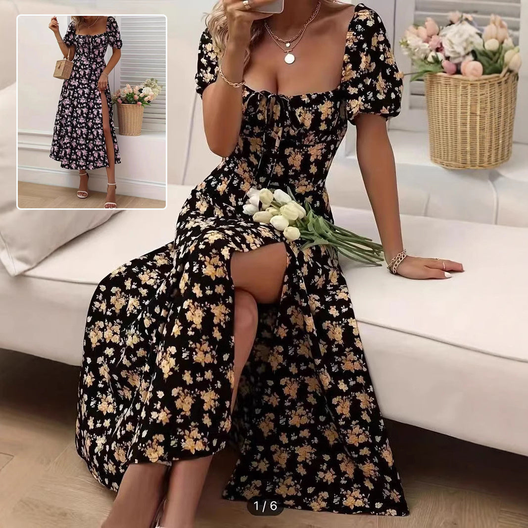 Boho chic dress in black and sunflower-like print