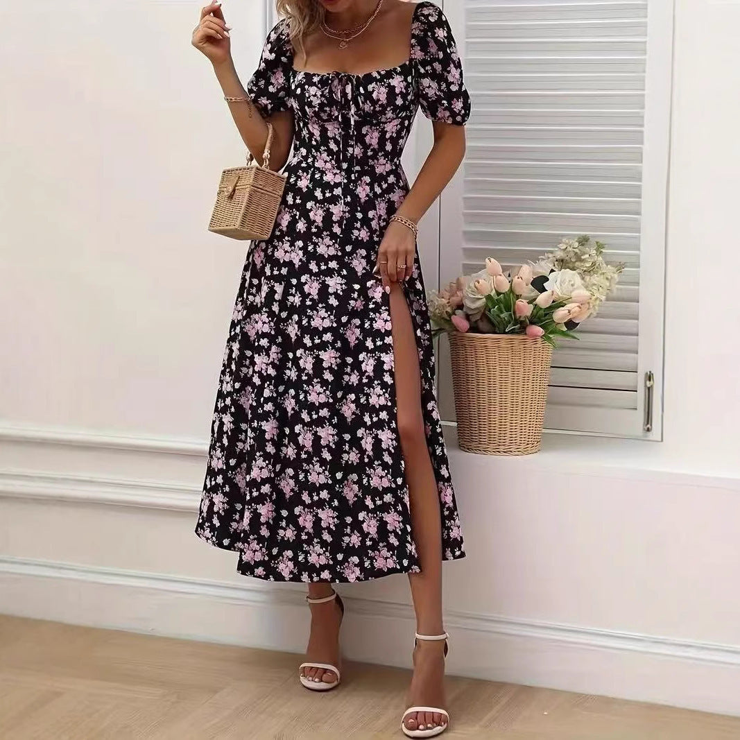 Lavender floral print summer dress with slit detail