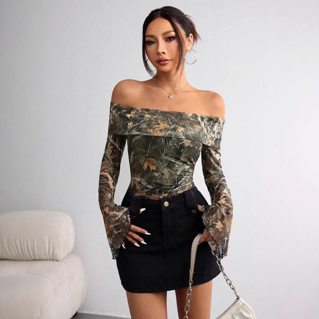 Olive off-shoulder mesh top paired with black skirt – standing pose